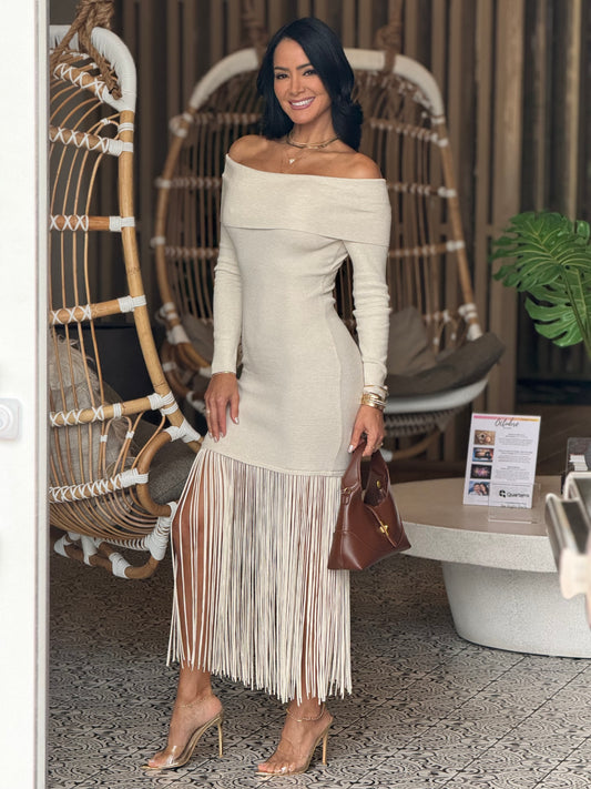 Norkys White Off shoulder Fringe Dress