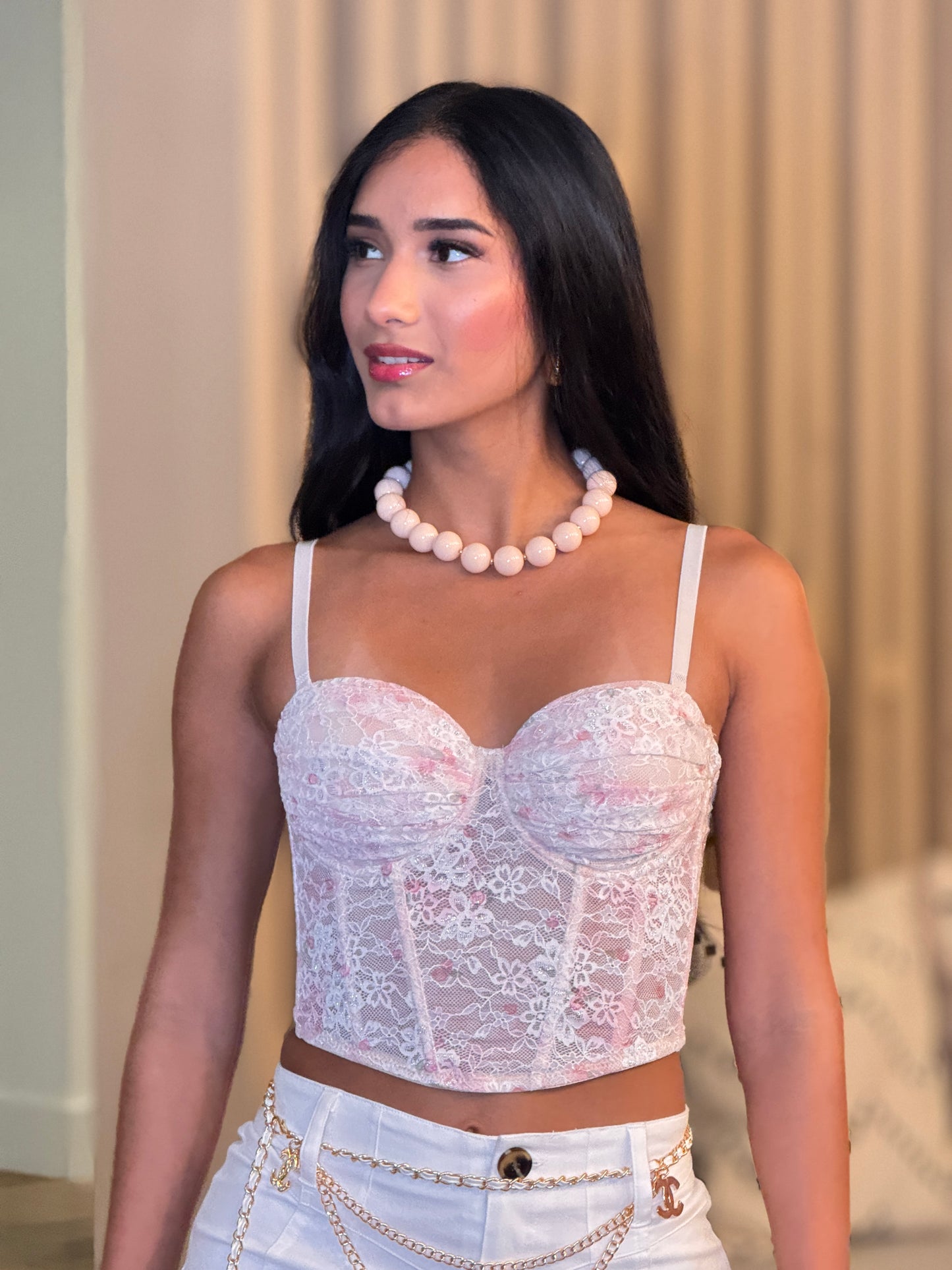 Kylie Pink Floral Lace Bustier Top