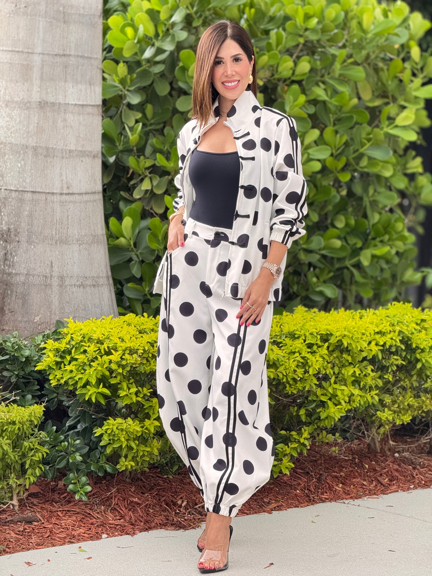 Chinese White/Black Polka Dots Jacket Set