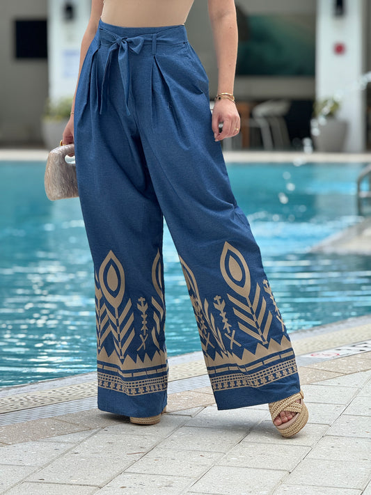 Athens Blue Embroidery Italian Pants