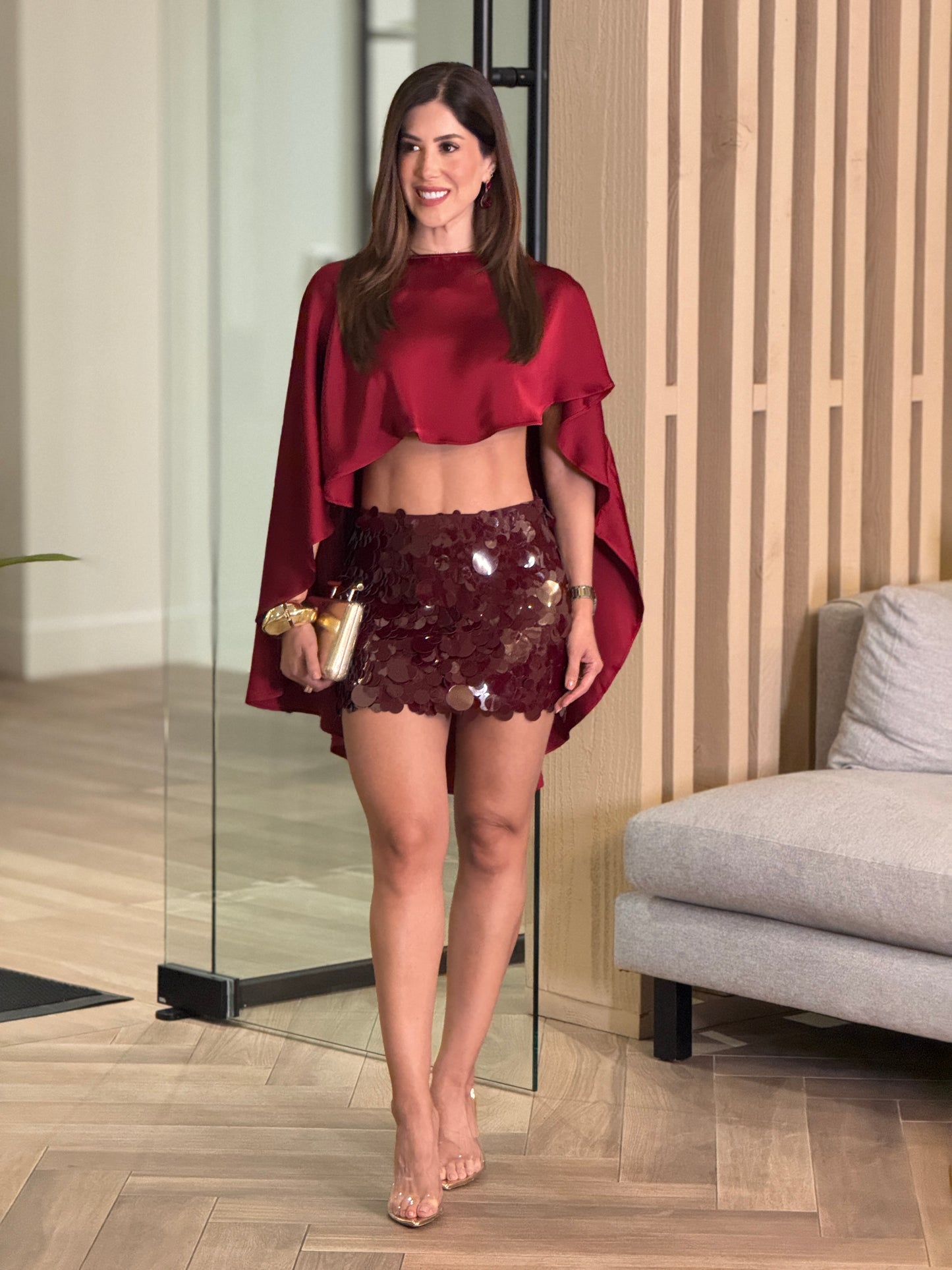 Bree Burgundy Satin & Sequin Skirt Set Gala