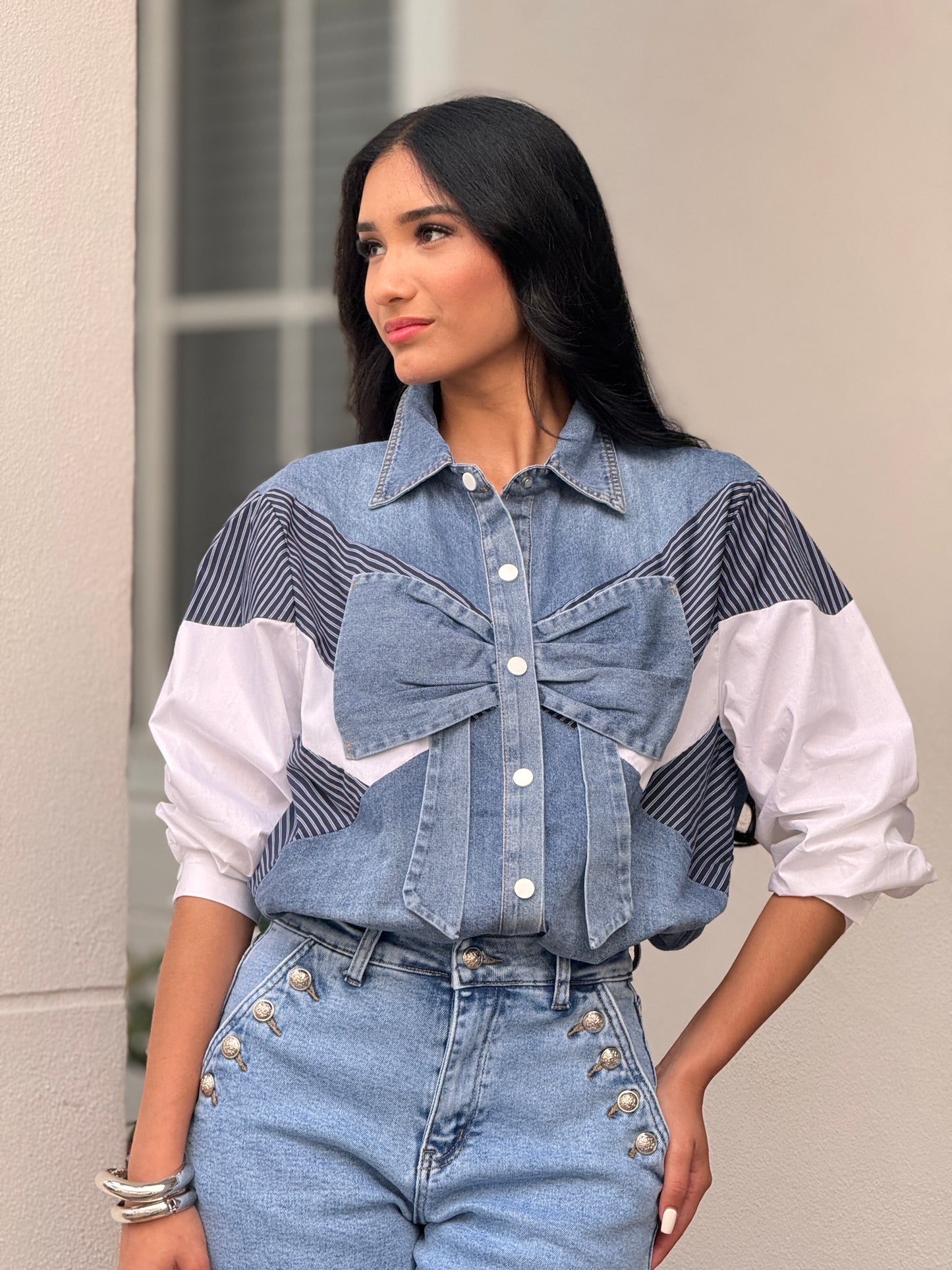 Just Bow Denim Lines Shirt Top