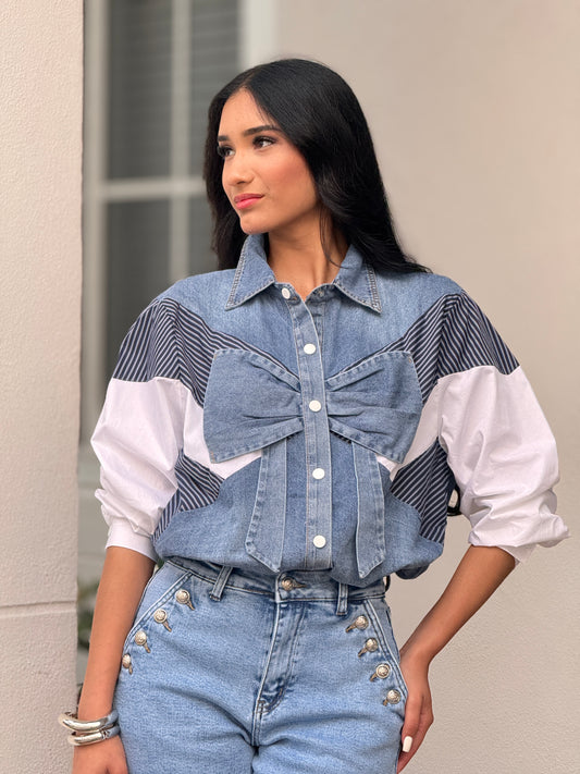 Just Bow Denim Lines Shirt Top