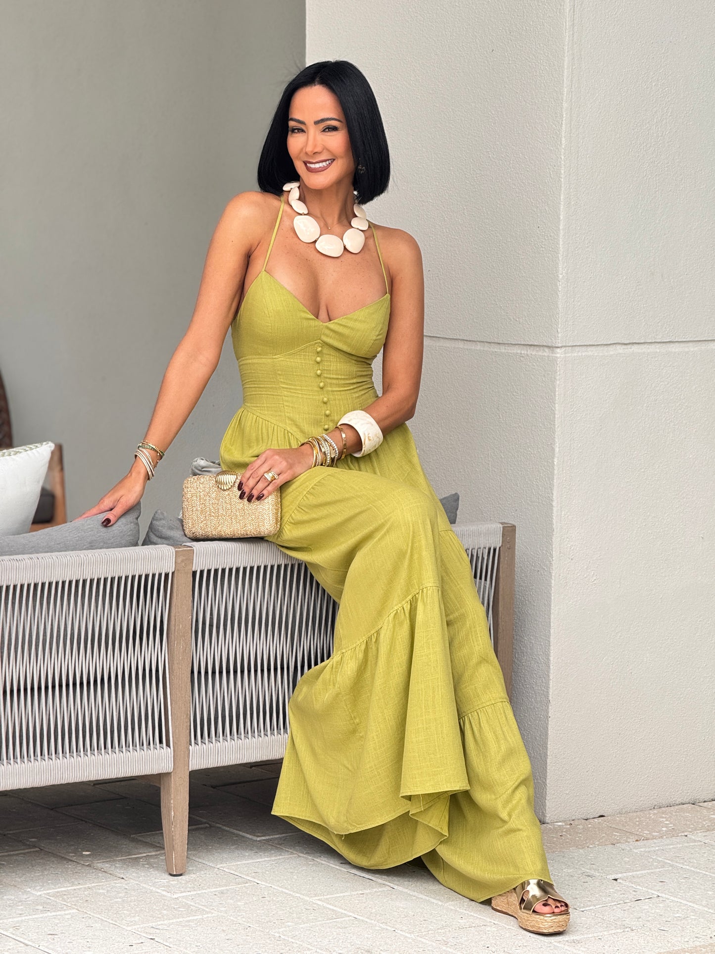 Sangie Green Linen Maxi Jumpsuit