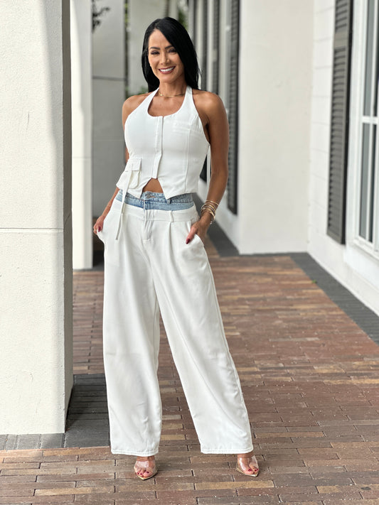 Norkys Denim Waistband White Vest Set