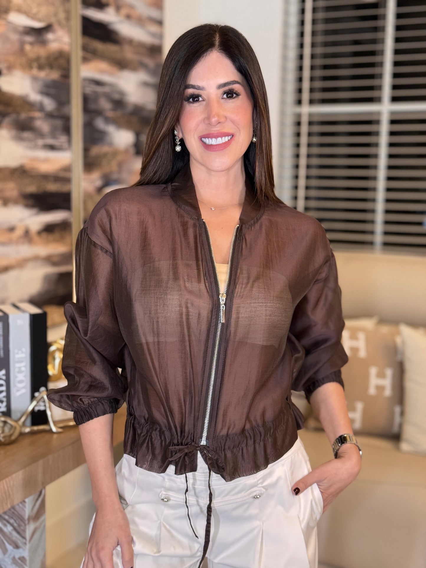 Italy Brown Mesh Jacket Top