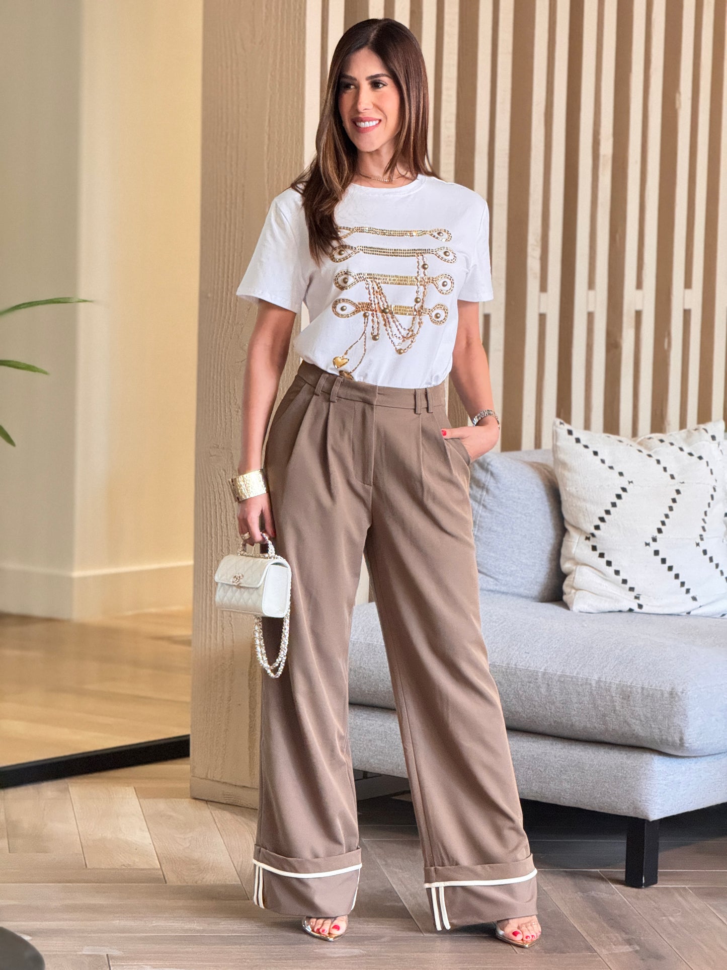 Lenna Brown/White Lines Contrast Pants