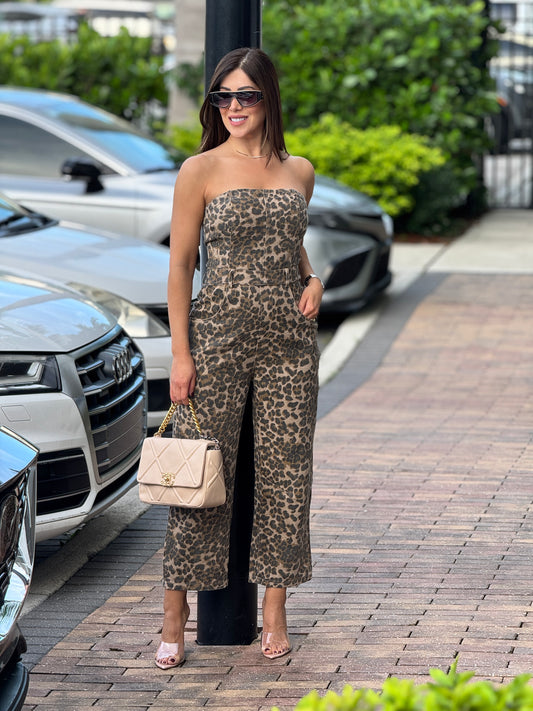 Carlota Leopard Print Denim Jumpsuit