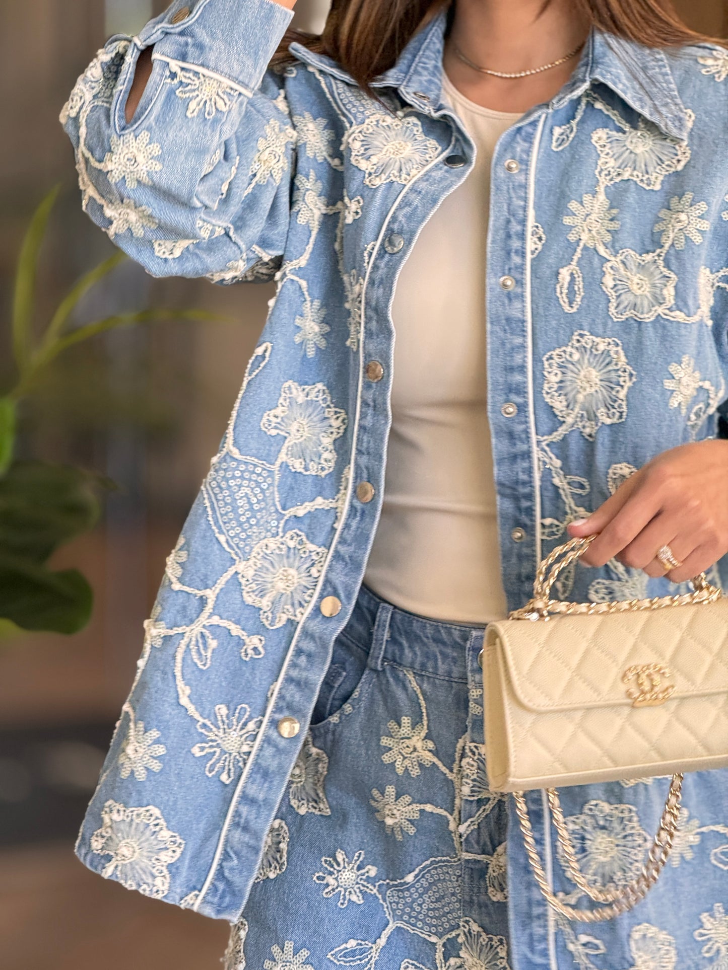 Perky Denim White Floral Embroidery Set