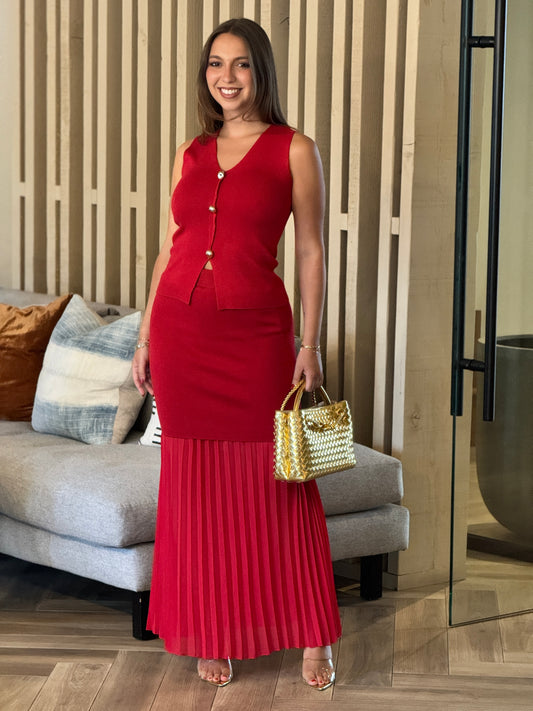 Gaia Red Pleated Knitted Skirt Set
