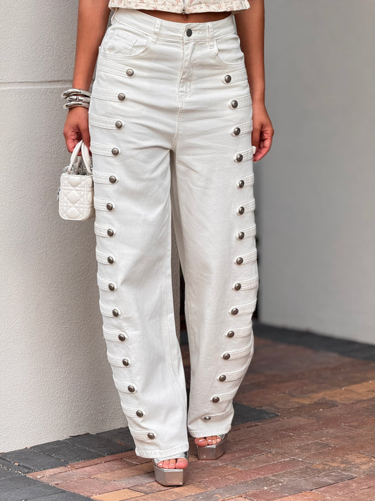 Liberty Studs White Denim Barrel Jeans
