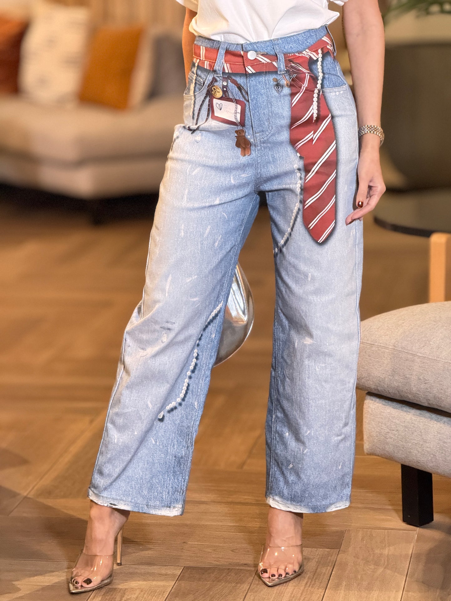 Perky Denim Print Red Tie Jeans