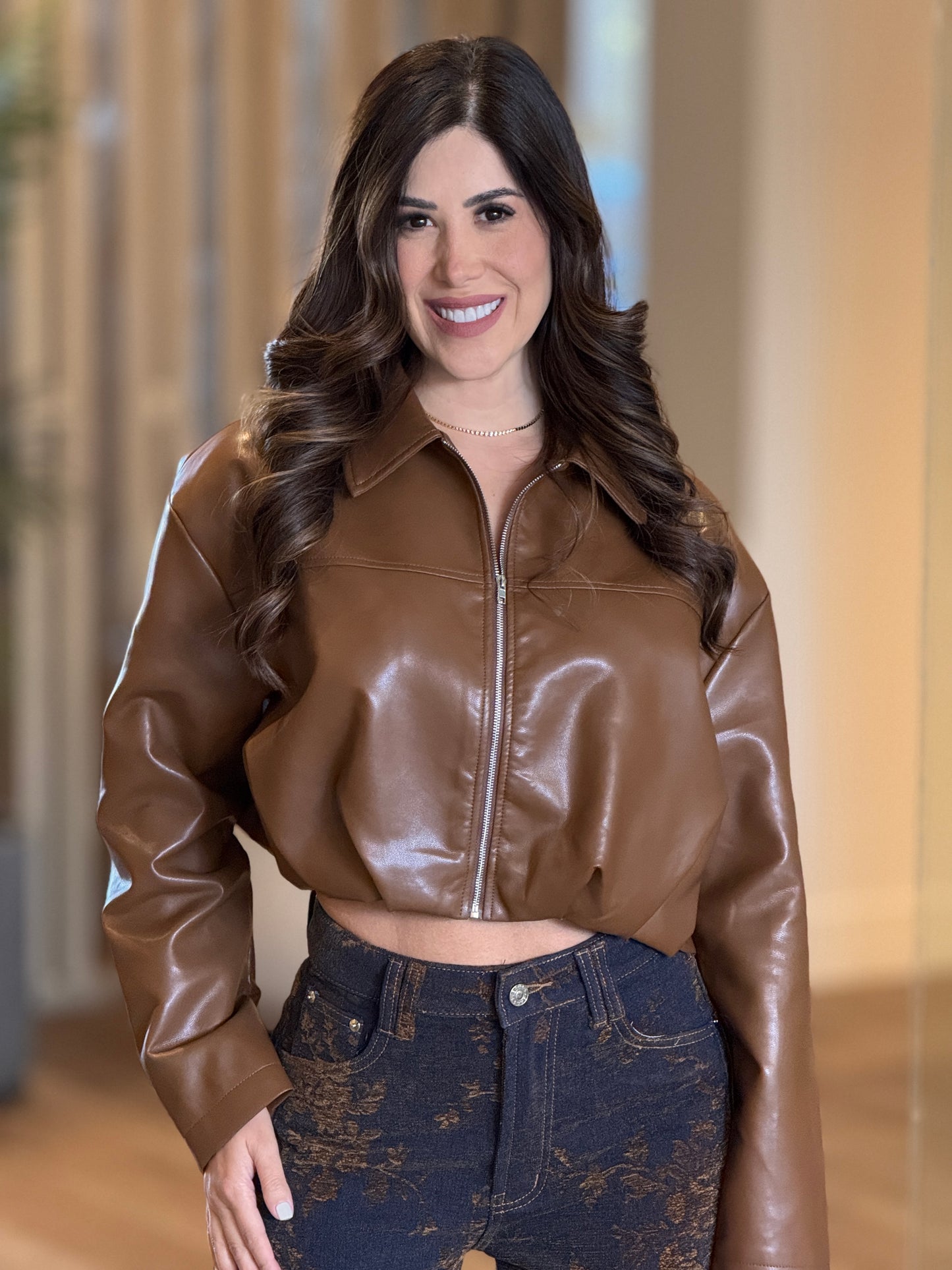 Amable Brown Leather Jacket Top