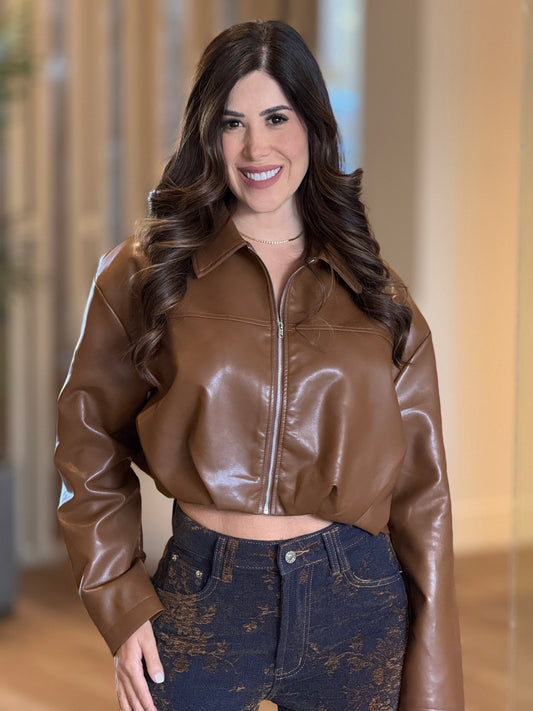 Amable Brown Leather Jacket Top