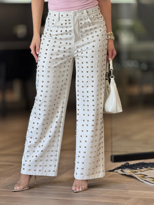 Spike White Leather Pants