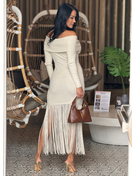 Norkys White Off shoulder Fringe Dress