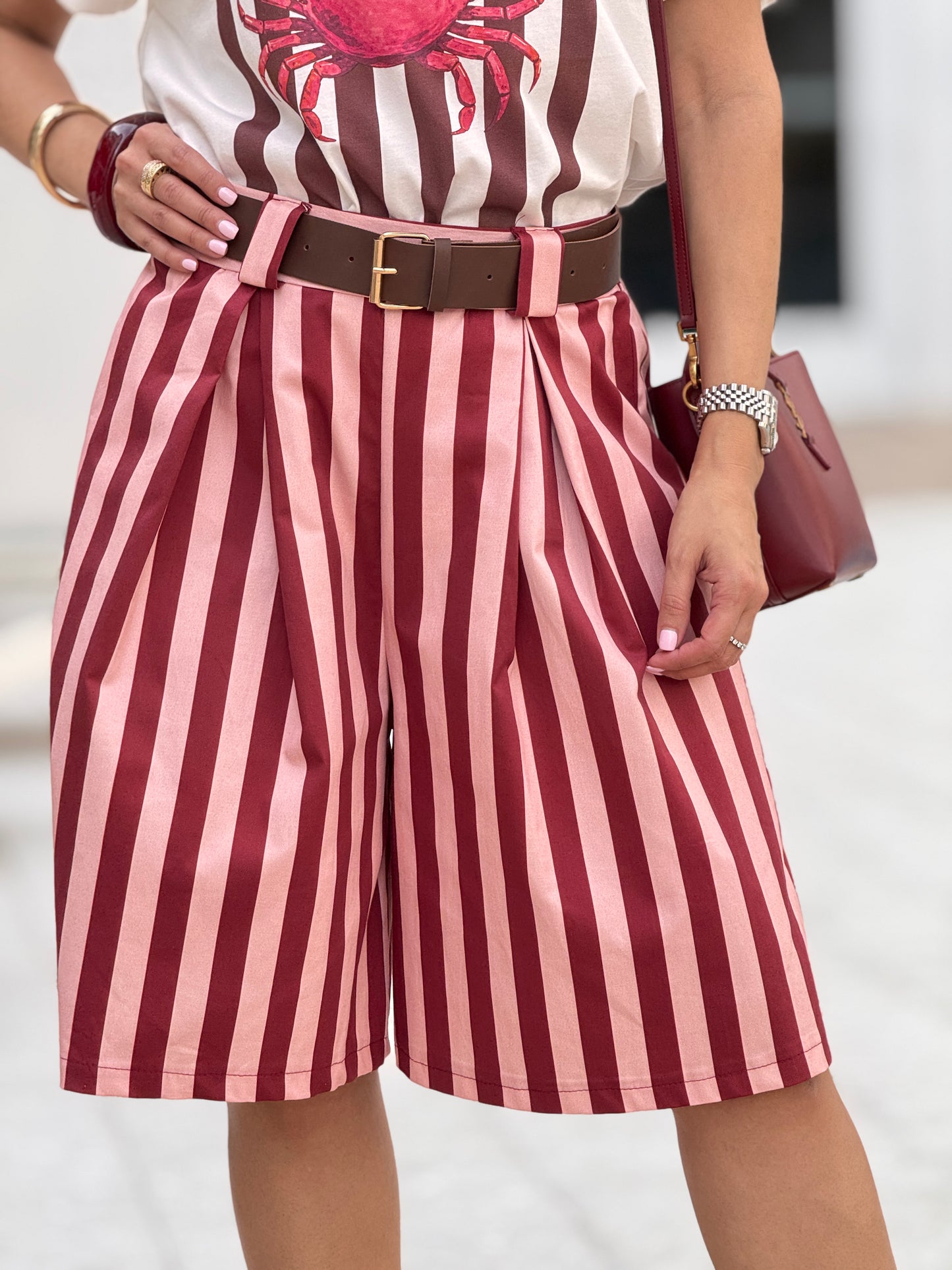 Verona Pink/Burgundy Lines Wide Bermuda Shorts