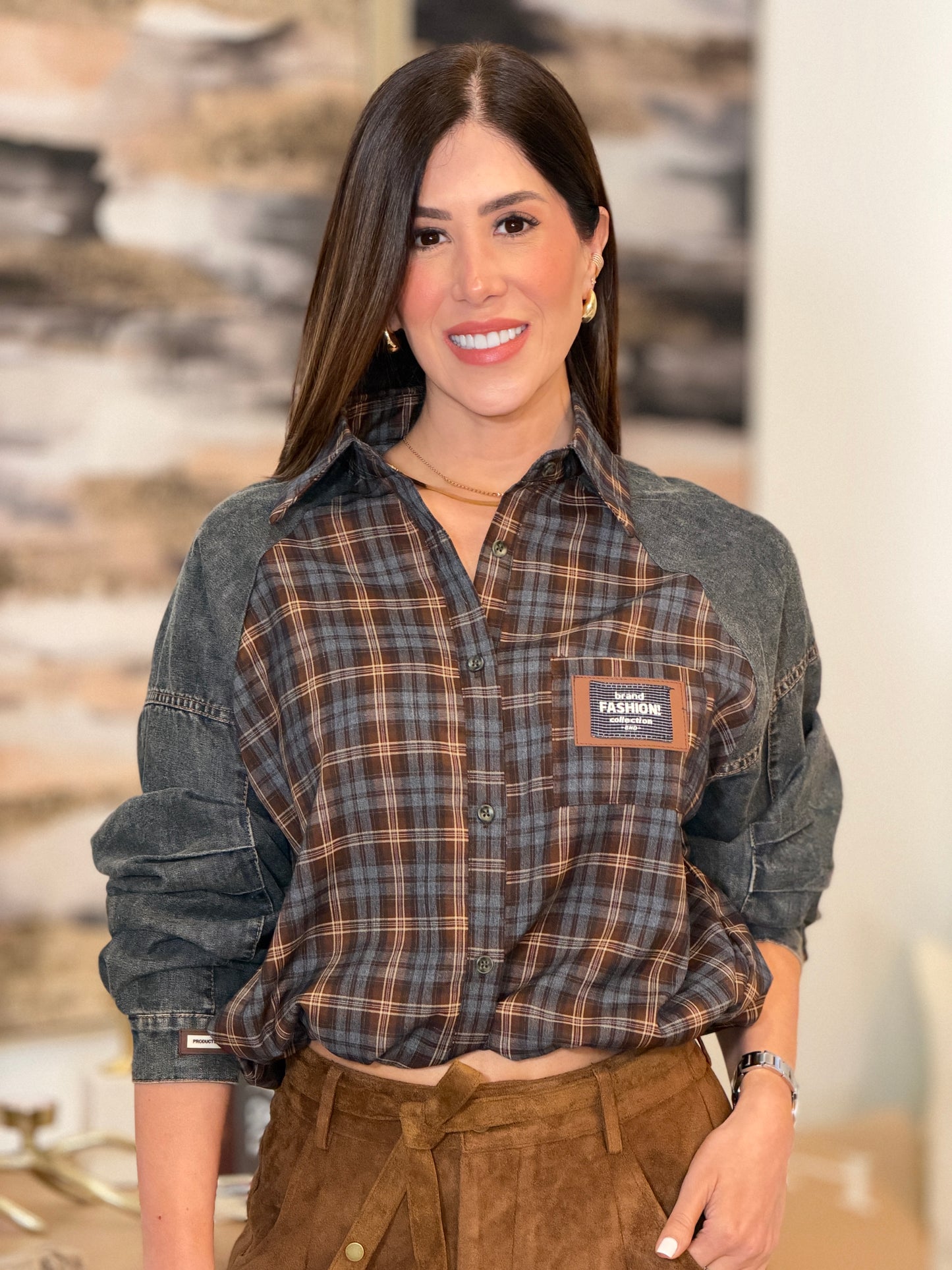9109 Fp Denim/Brown Plaid Jacket Top