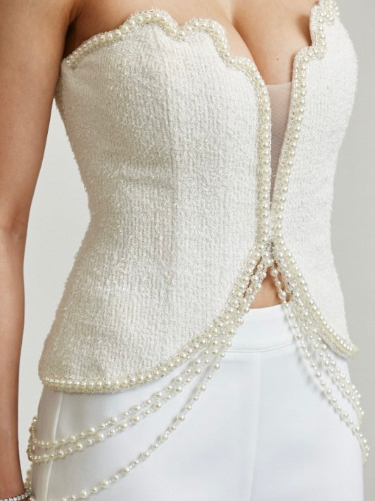 Brianna Linen Pearls Bustier Top
