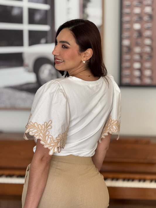 Pastel White/Beige Embroidery T-Shirt