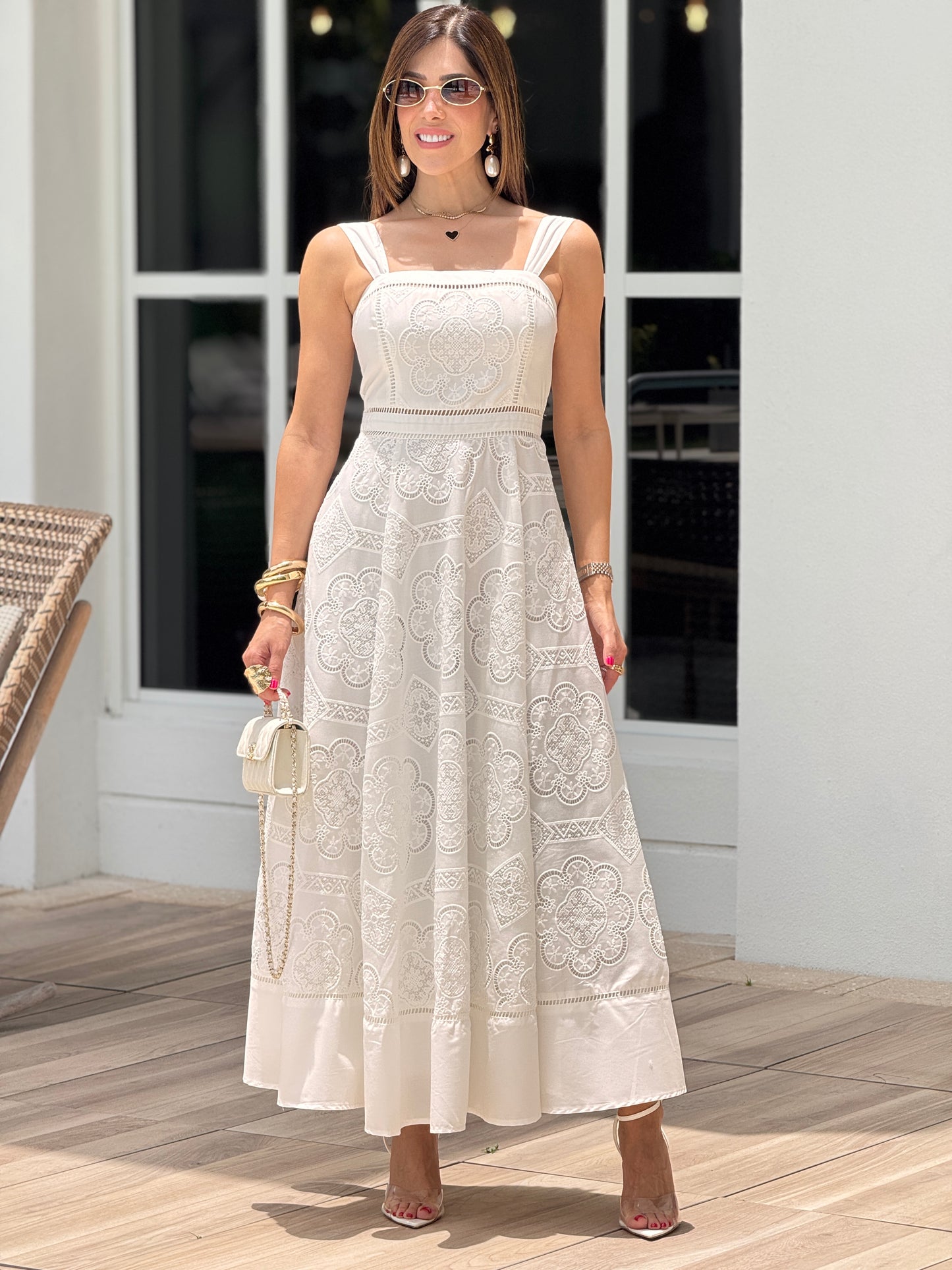 Amable White Square Neck Lace Dress
