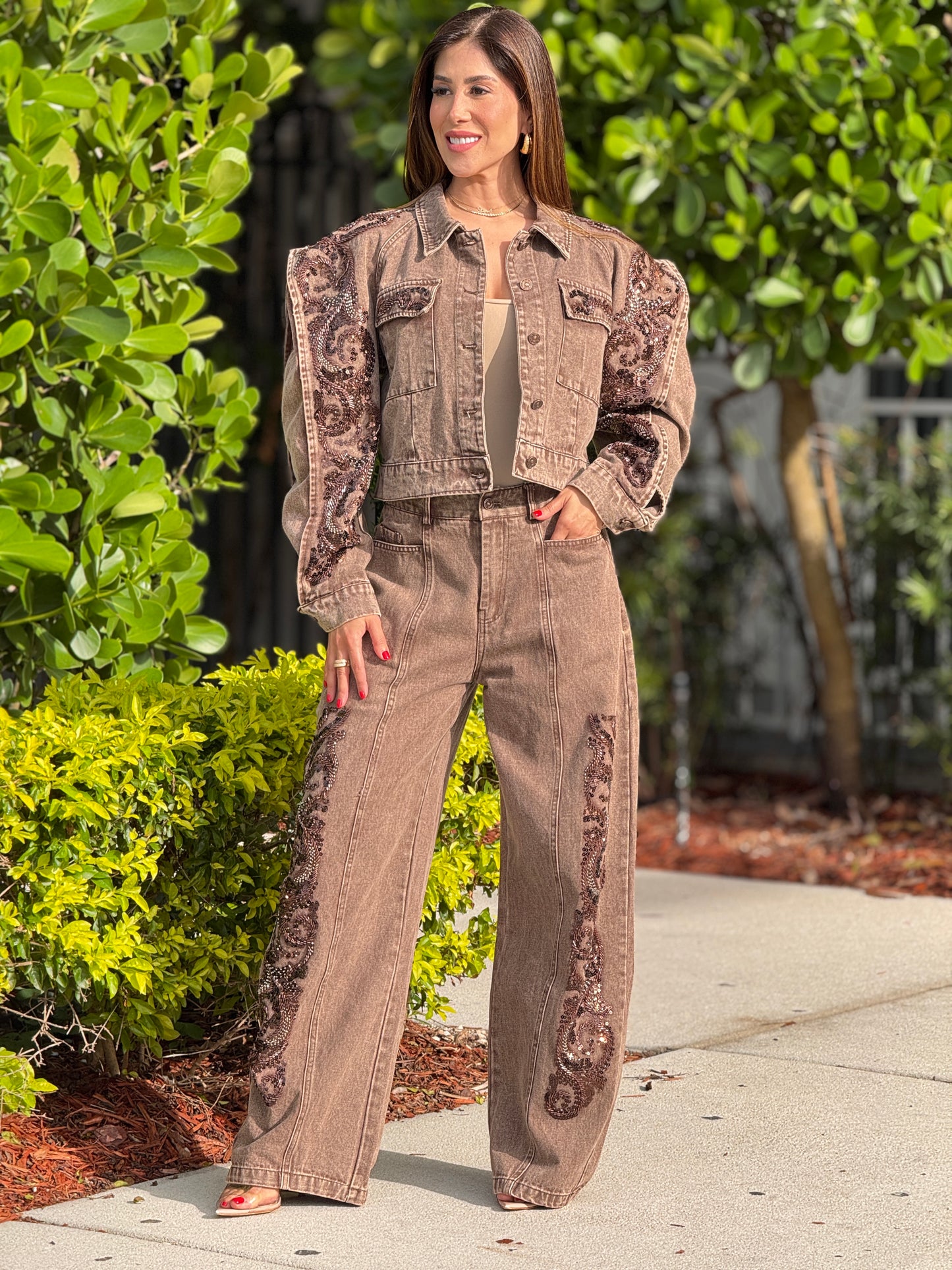 More Brown Denim Puffy Sequin Set