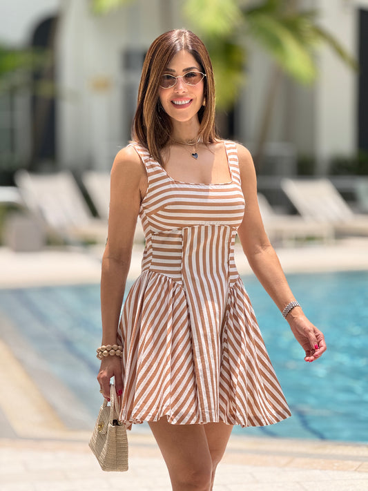 Amable Beige Lines Abstract Dress