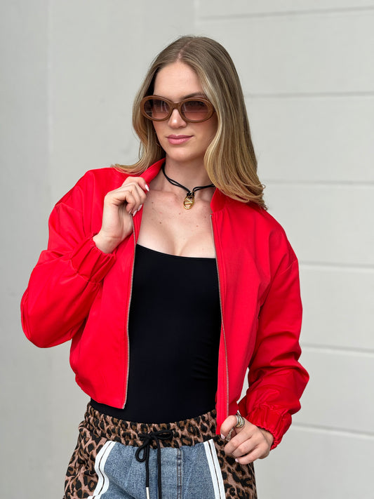 Karen Red Satin Bomber Jacket