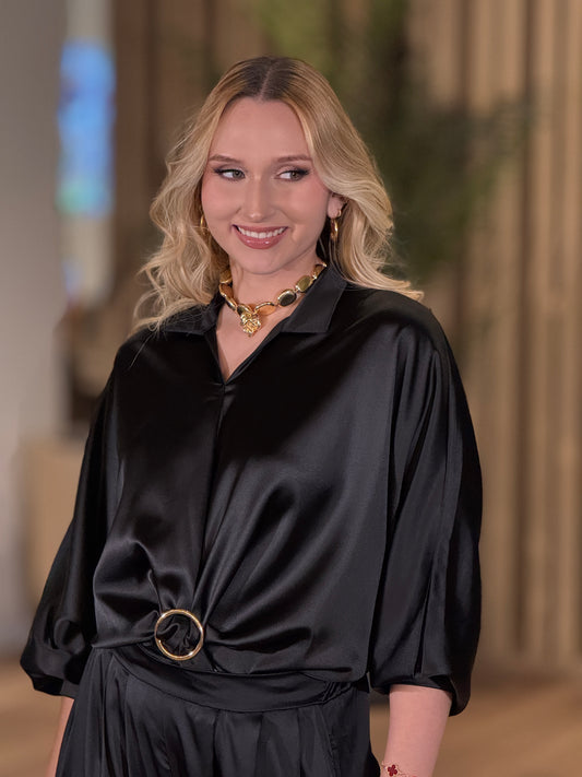 Italian Black Satin Buckle Shirt