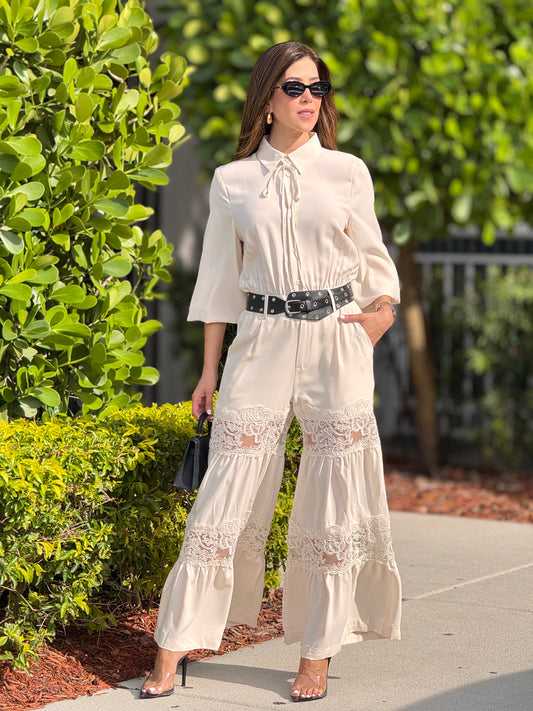 Tennie Ivory Lace + Belt Jumpsuit