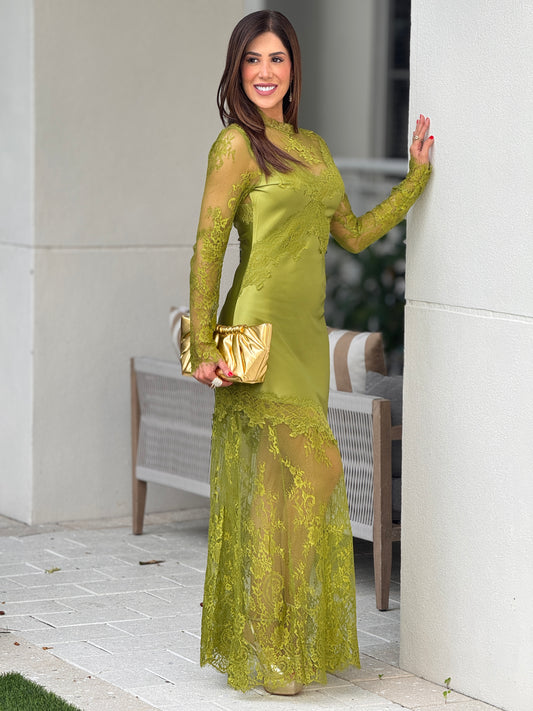 Lovely Green Satin Lace Dress Gala