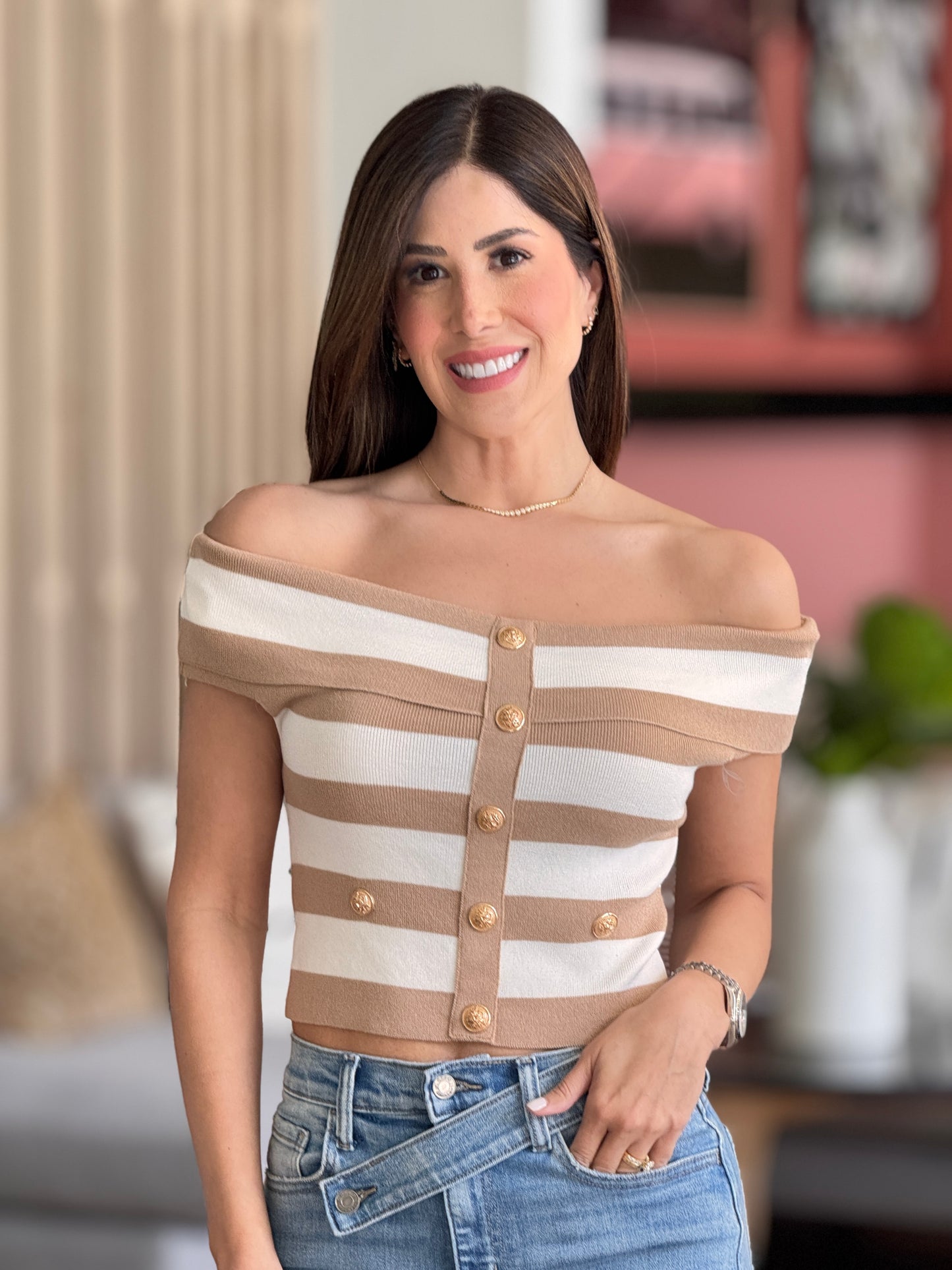 Balbina Beige Off Shoulder Knit Top