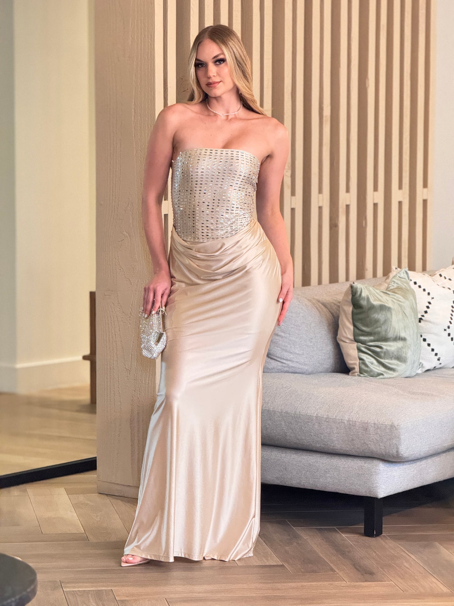Symphony Ivory Rhinestone Satin Dress Gala