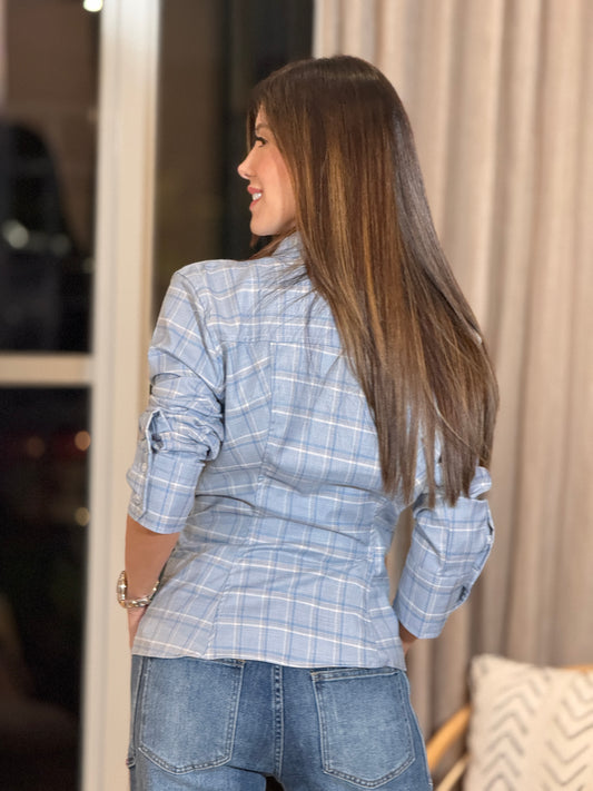 Perky Blue Plaid Shirt Top