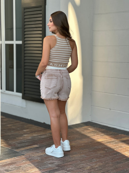 Carrie Waistband Beige Ripped Shorts