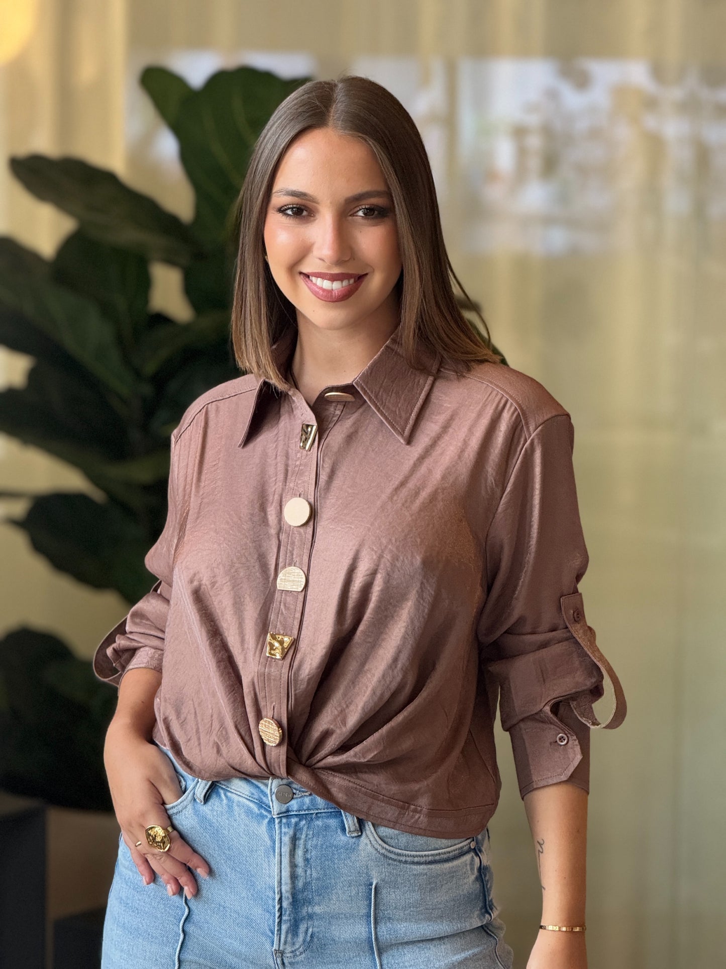 Pastel Brown Satin Gold Buttons Shirt