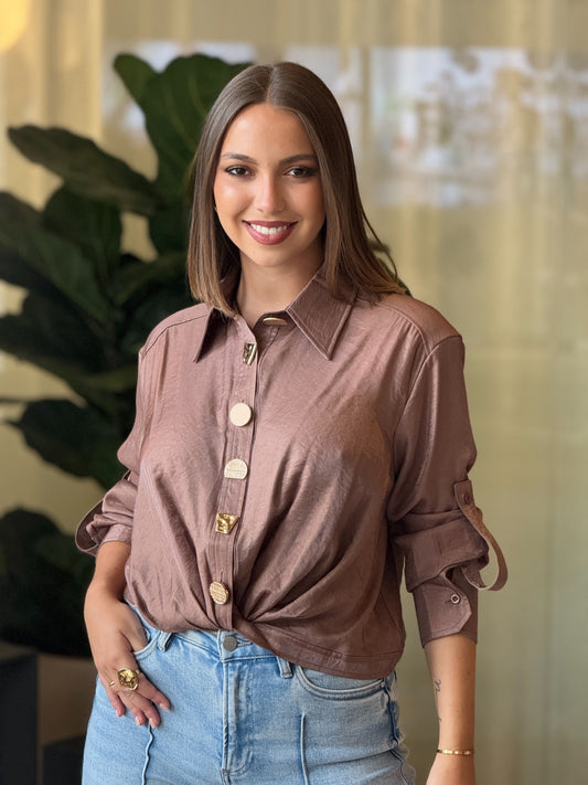 Pastel Brown Satin Gold Buttons Shirt
