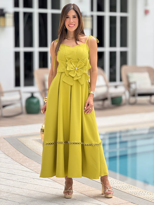 Sabrina Green 3D Flower Flowy Dress