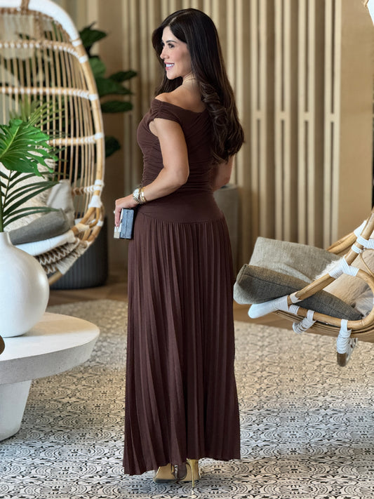 Sky Brown Pleated Dress