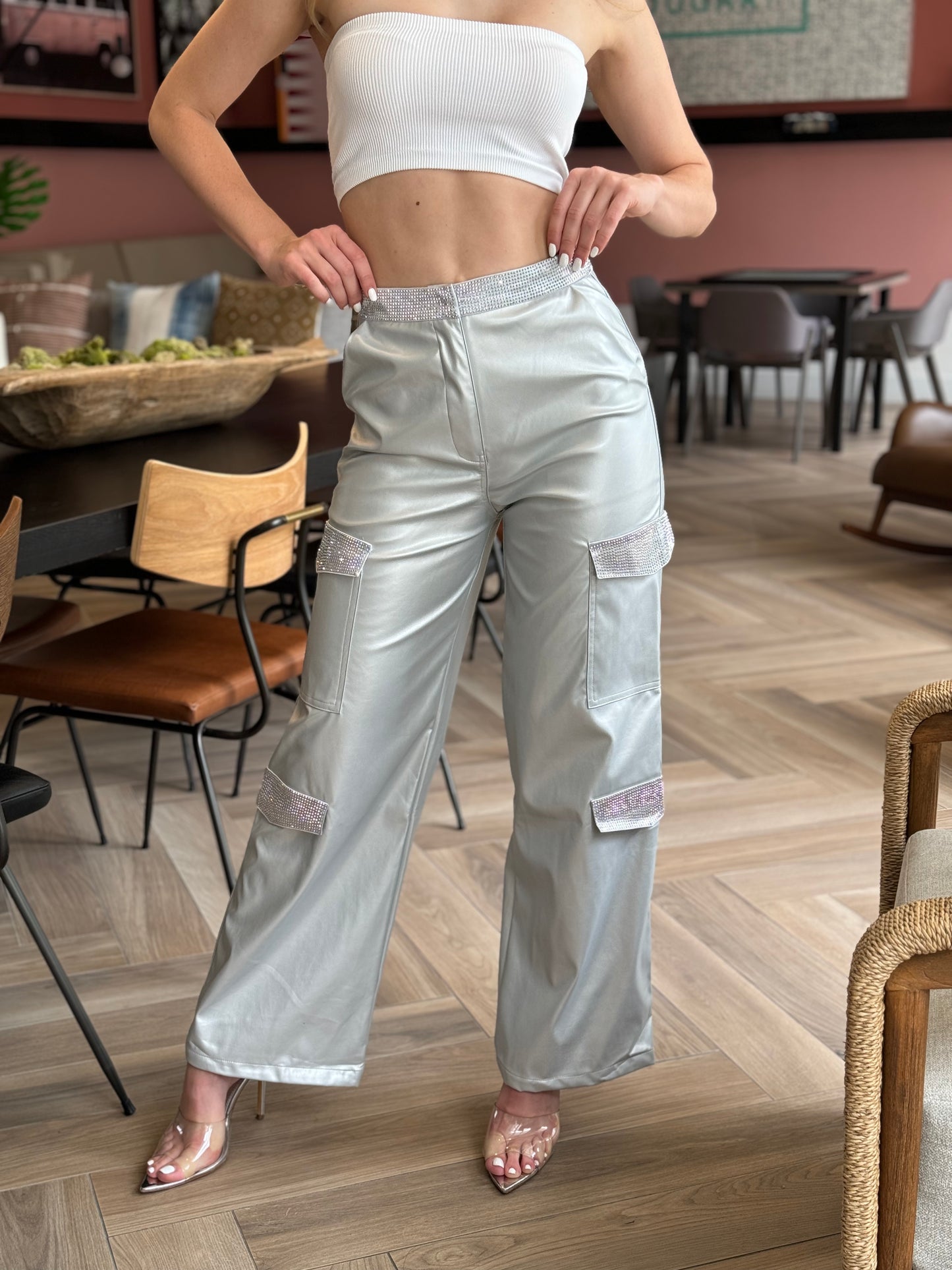 Brenda Silver Rhinestone Cargo Pants