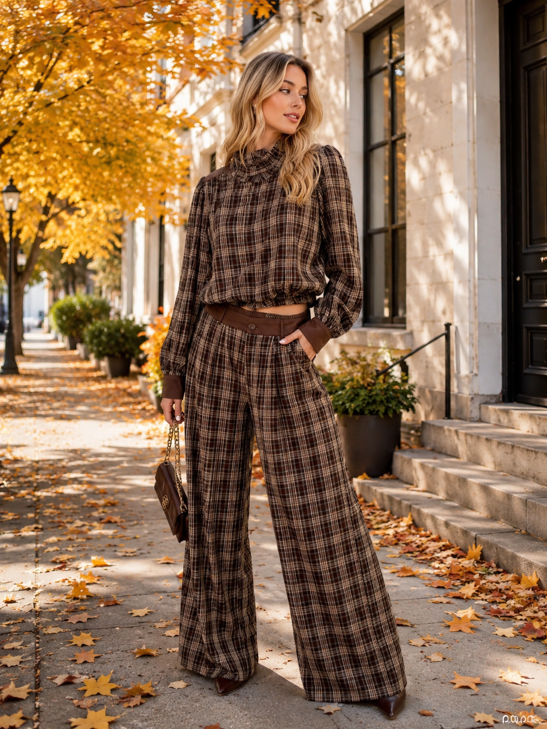Tennie Brown Plaid Bomber Set