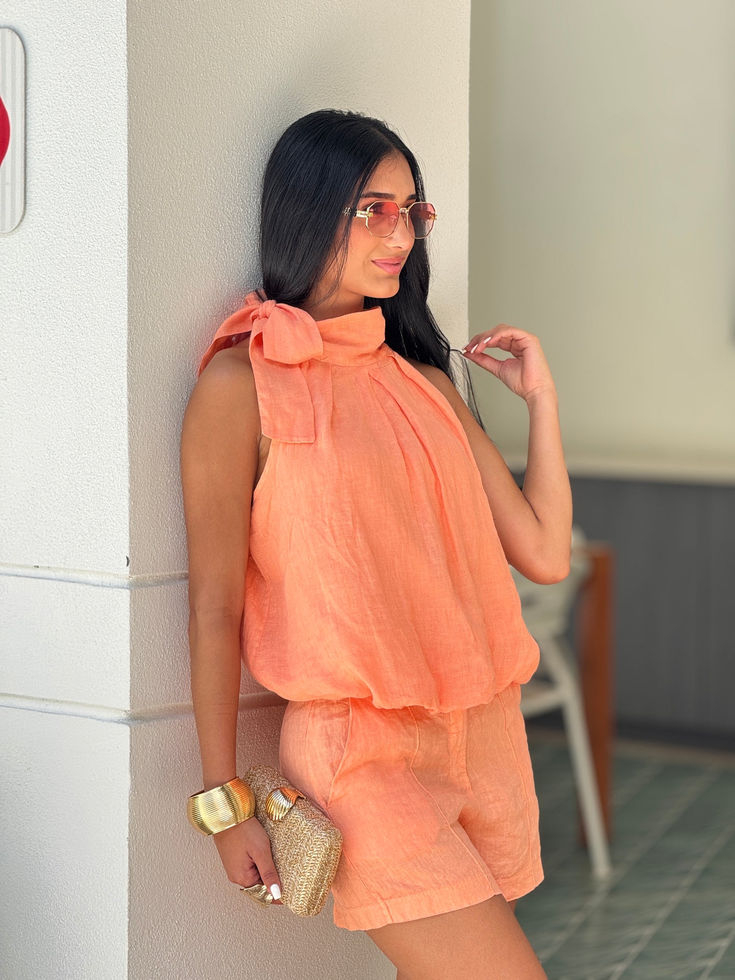 Italy Orange Linen Bubble Short Set