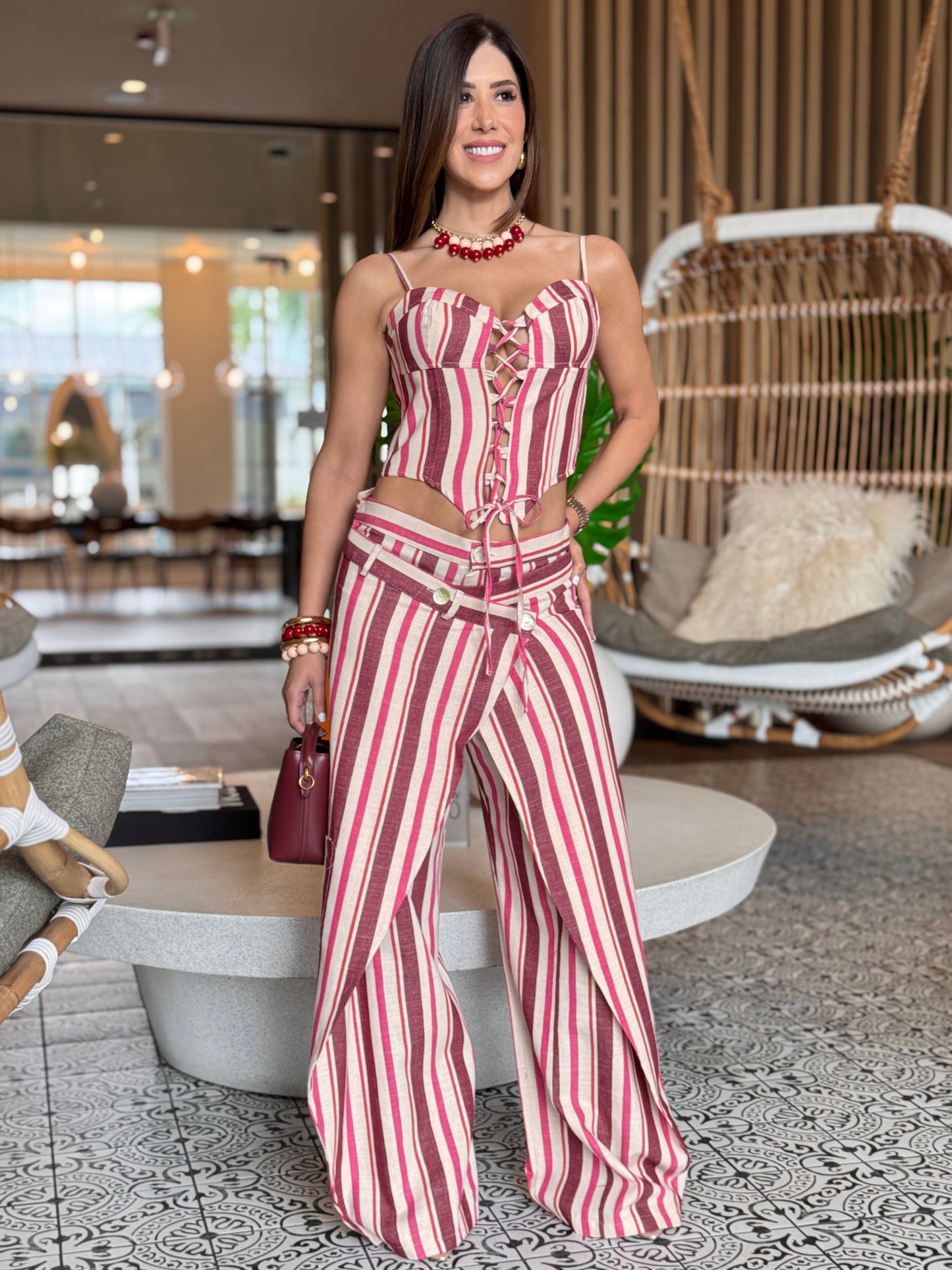 Olivia Burgundy/Pink Lines Denim Set