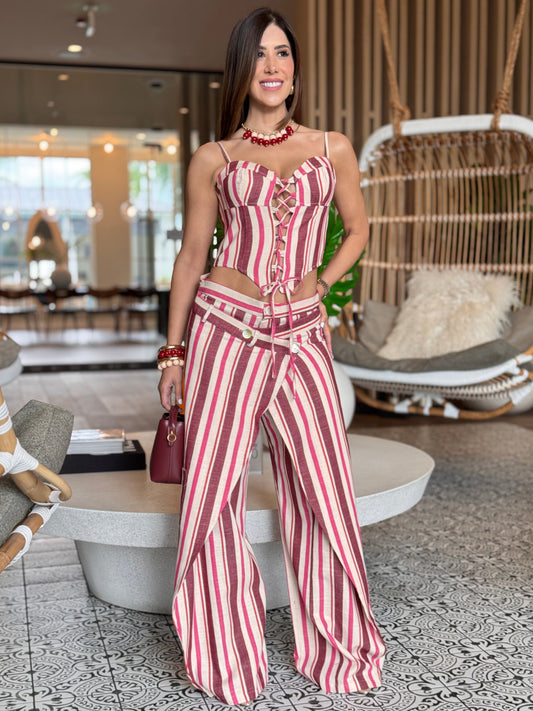 Olivia Burgundy/Pink Lines Denim Set