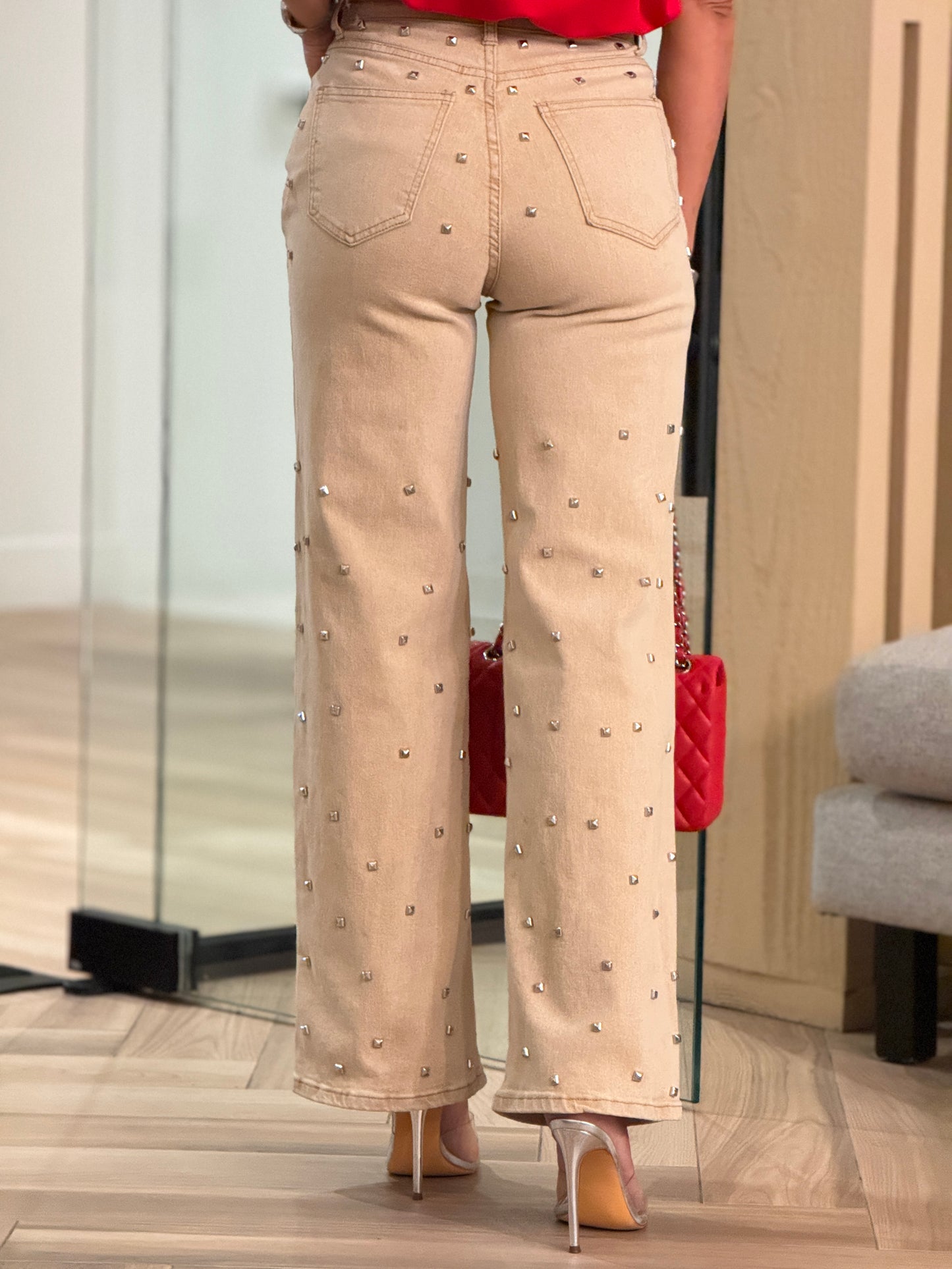 Ángeles Beige Denim Spikes Jeans