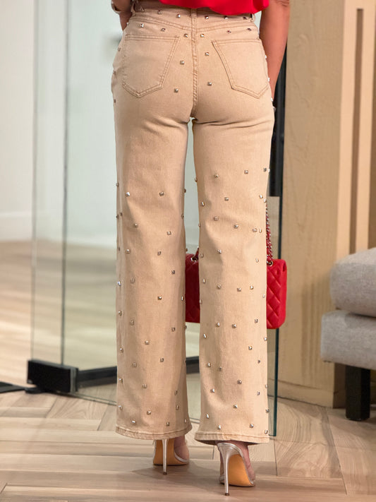 Ángeles Beige Denim Spikes Jeans