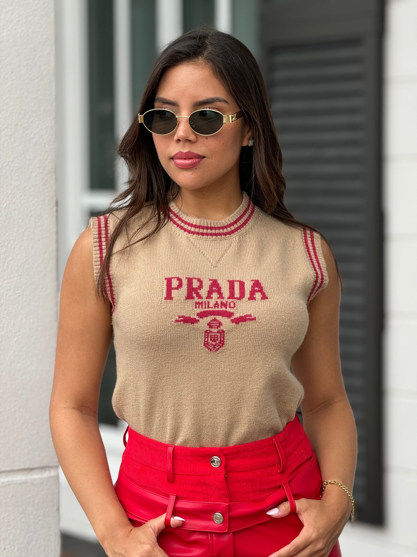 Marfa Beige/Red Vest Top