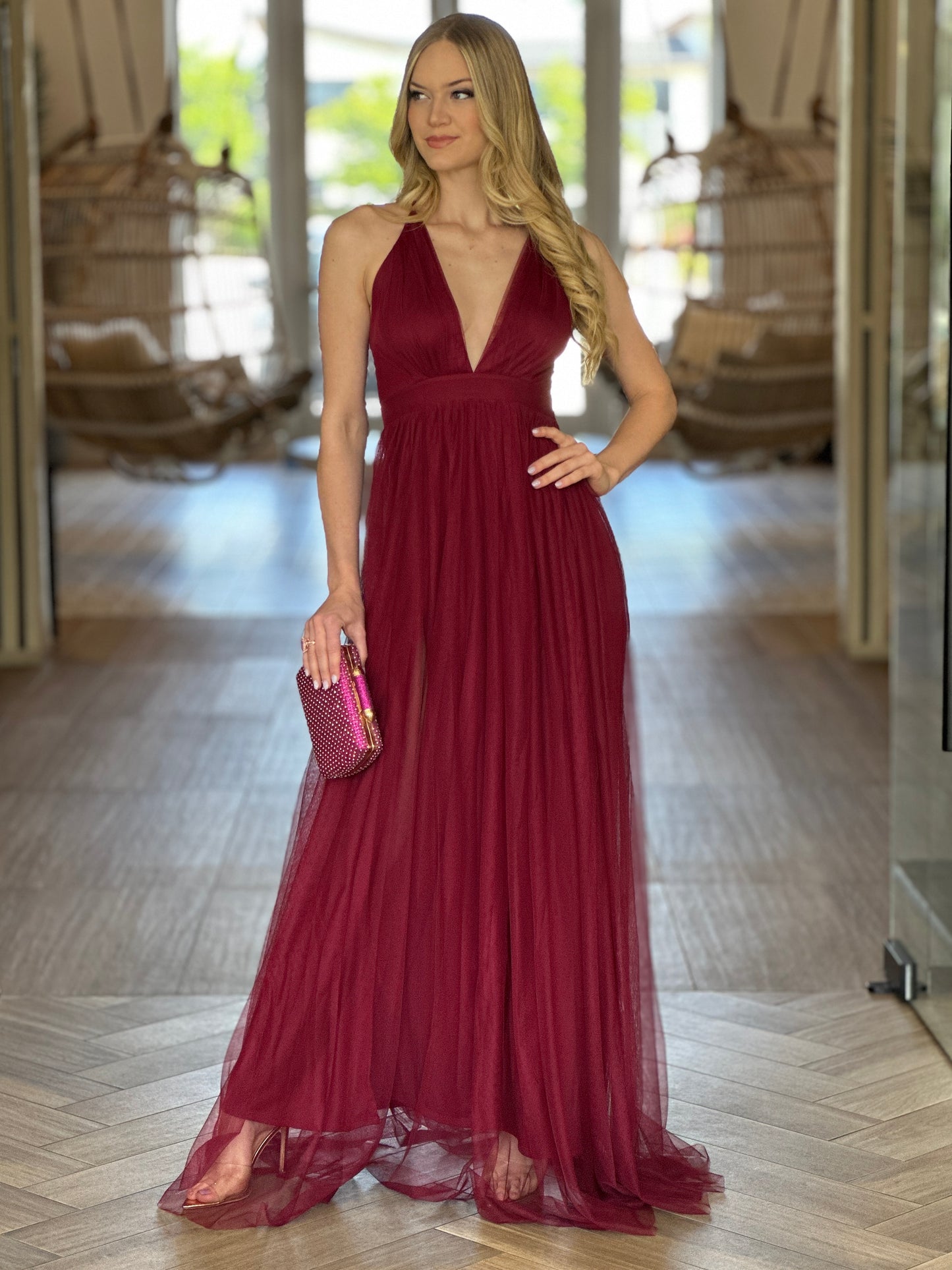 Meredith Wine Tulle Dress Gala