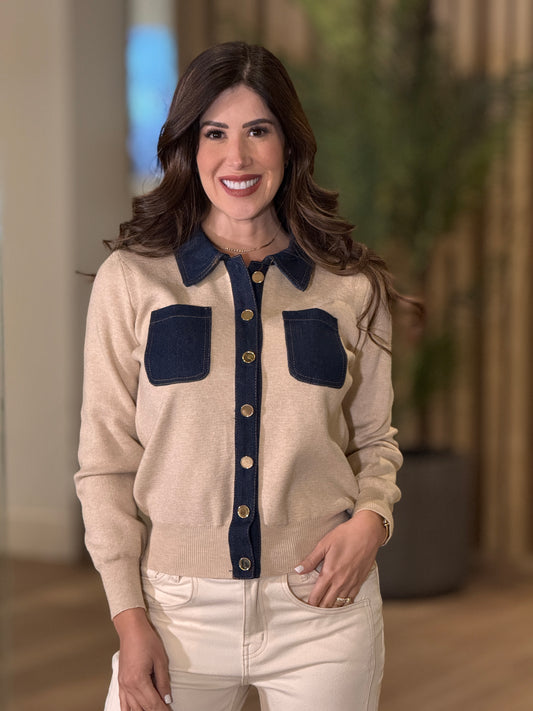 Cozy Beige/Denim Sweater Top