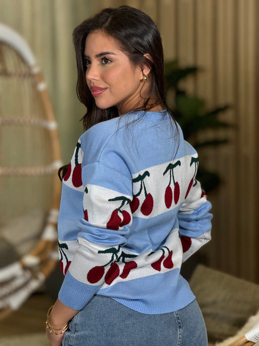 Cherries Blue Lines Sweater